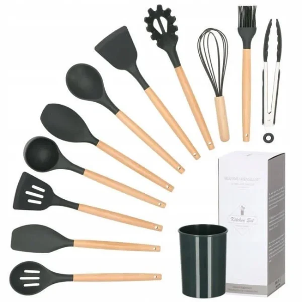 Set ustensile bucatarie, silicon si bambus, grafit, 12 piese, Springos