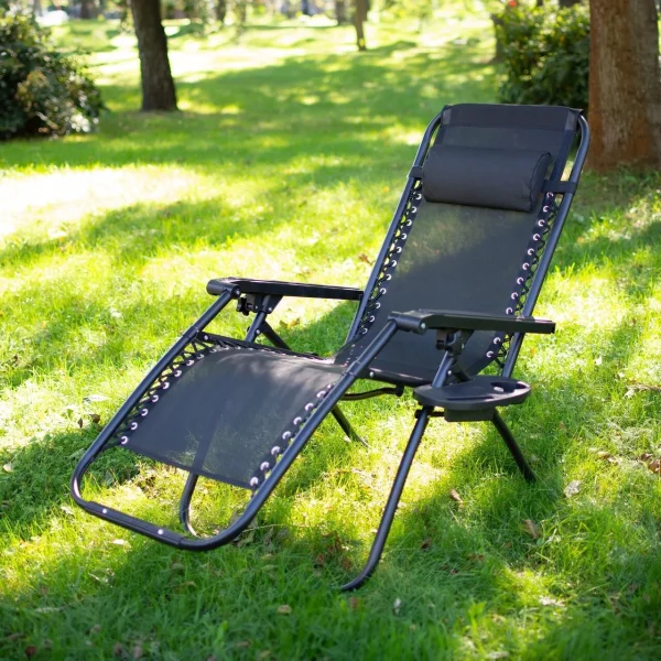 Sezlong pentru gradina, metalic, pliabil, negru, max 120 kg, 188x64x107 cm, Jumi