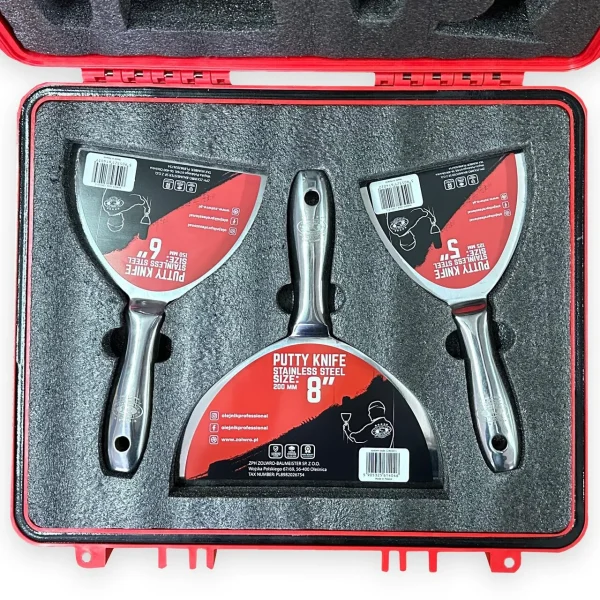 Spacluri inox profesionale, monobloc, set 5 buc, cu razuitor, spatula multifunctionala, geanta, Olejnik