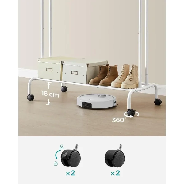 Suport mobil cu roti pentru haine, Artool, cu raft incaltaminte, otel, alb, max 100 kg, 103.5x52.5x155 cm