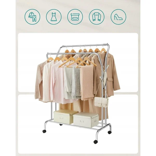 Suport mobil cu roti pentru haine, Artool, cu raft incaltaminte, otel, argintiu, max 100 kg, 103.5x52.5x155 cm
