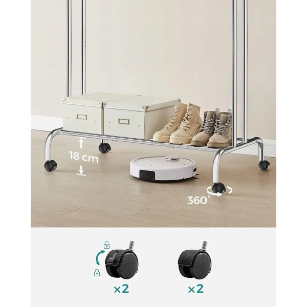 Suport mobil cu roti pentru haine, Artool, cu raft incaltaminte, otel, argintiu, max 100 kg, 103.5x52.5x155 cm