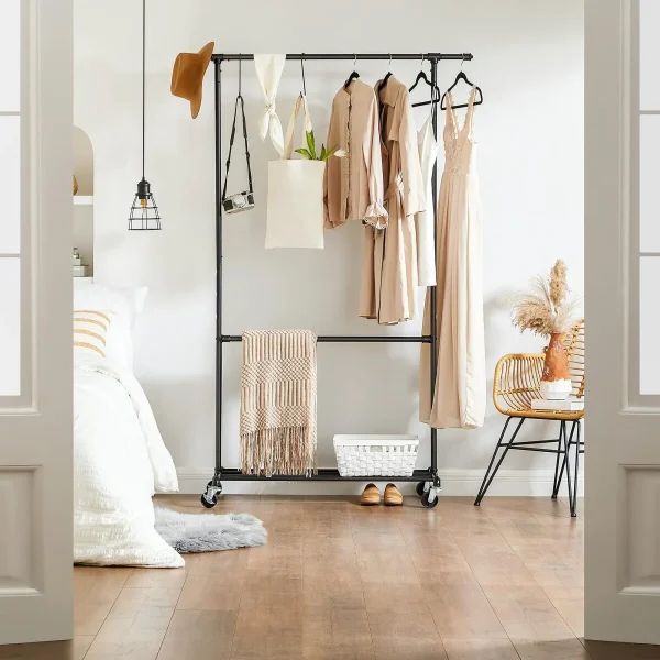 Suport mobil cu roti pentru haine, Artool, cu raft incaltaminte, reglabil, otel, negru, max 110 kg, 130x49x198 cm