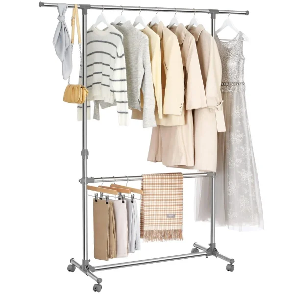 Suport mobil cu roti pentru haine, Artool, reglabil, inox, argintiu, max 50 kg, 101-165x49x113-198 cm
