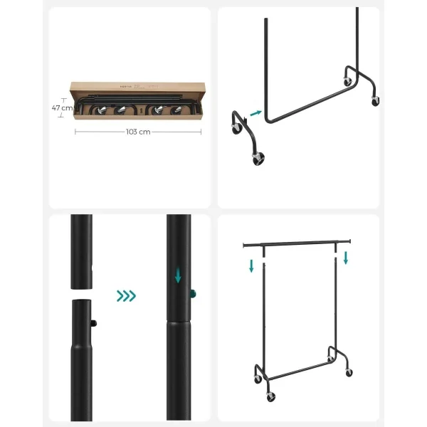 Suport mobil cu roti pentru haine, Artool, reglabil, otel, negru, max 136 kg, 110-150x45x160 cm