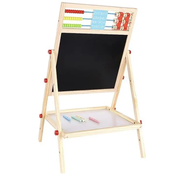 Tabla educativa tip sevalet, cu 2 fete, socotitoare, marker, burete, creta, lemn, 41x32x67 cm, Kruzzel