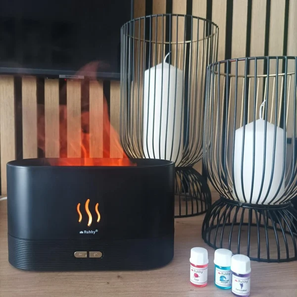 Umidificator cu difuzor de aroma, Ruhhy, 3 in 1, LED cu efect flacara, 6.5 W, 180 ml, 17x9.8x7.2 cm