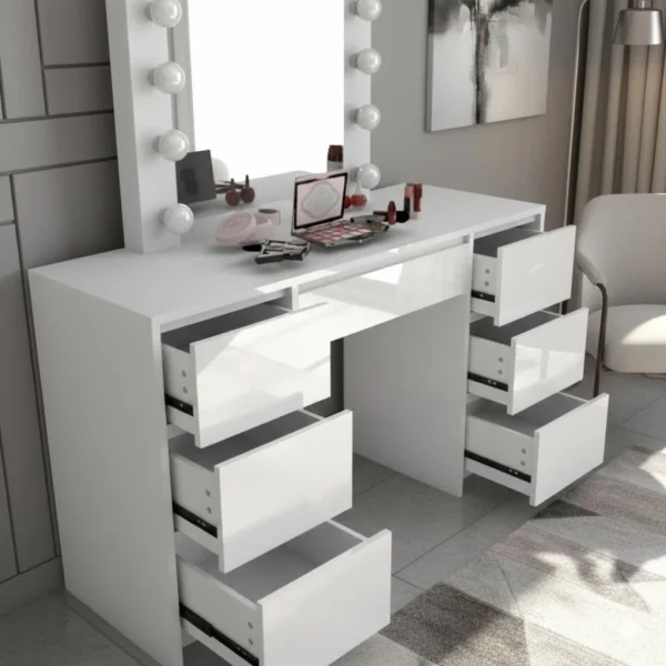 Masa de toaleta/machiaj, sertare alb lucios, cu oglinda si LED-uri, Vanessa, 130x43x143 cm