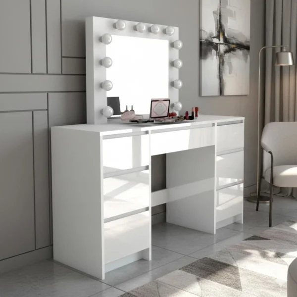 Masa de toaleta/machiaj, sertare alb lucios, cu oglinda si LED-uri, Vanessa, 130x43x143 cm
