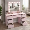Masa de toaleta/machiaj, Vanessa, roz, cu oglinda si LED-uri, 130x43x143 cm