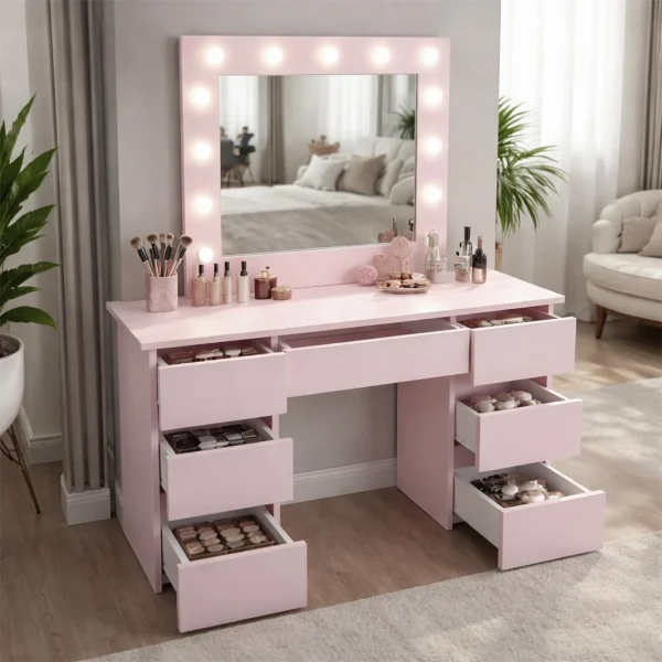 Masa de toaleta/machiaj, Vanessa, roz, cu oglinda si LED-uri, 130x43x143 cm