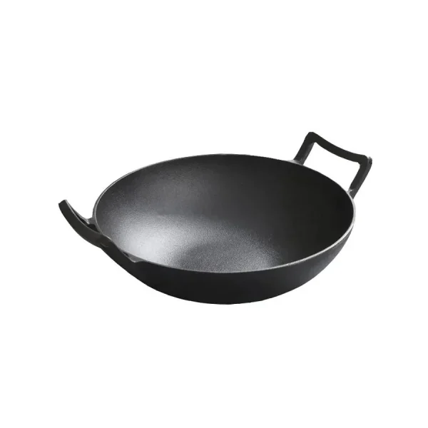 Vas de fonta tip Wok cu capac de lemn, 36.5x10 cm, Perfect Home