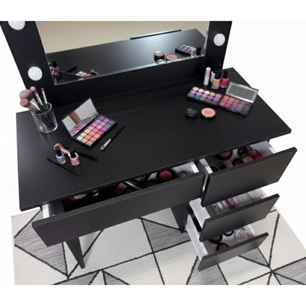 Masa de toaleta/machiaj, Irina, negru, cu oglinda si LED-uri, 94x43x141 cm