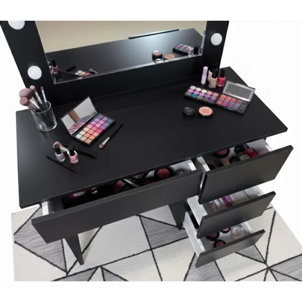 Masa de toaleta/machiaj, Irina, negru, cu oglinda si LED-uri, 94x43x141 cm