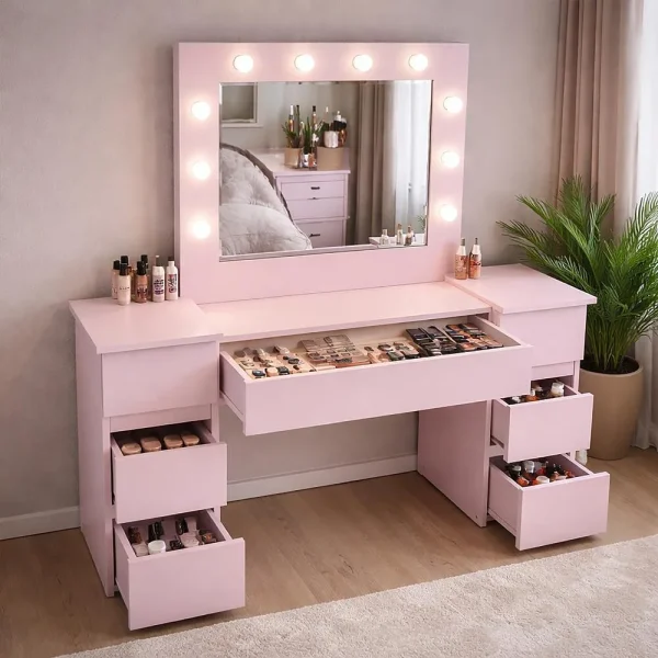 Masa de toaleta/machiaj, Antonia, roz, cu oglinda si LED-uri, 155x41x137 cm