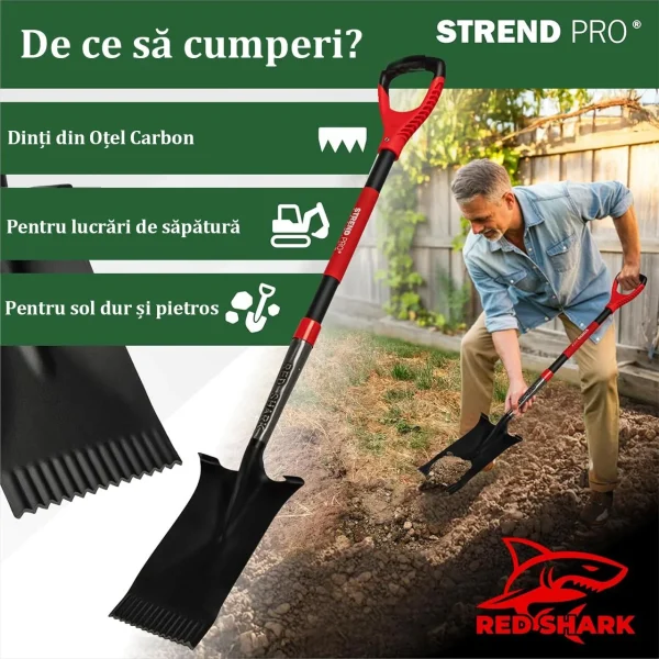 Harlet, cazma, drept, cu capat zimtat, coada fibra de sticla, 17x30x115 cm, Strend Pro Premium RedShark