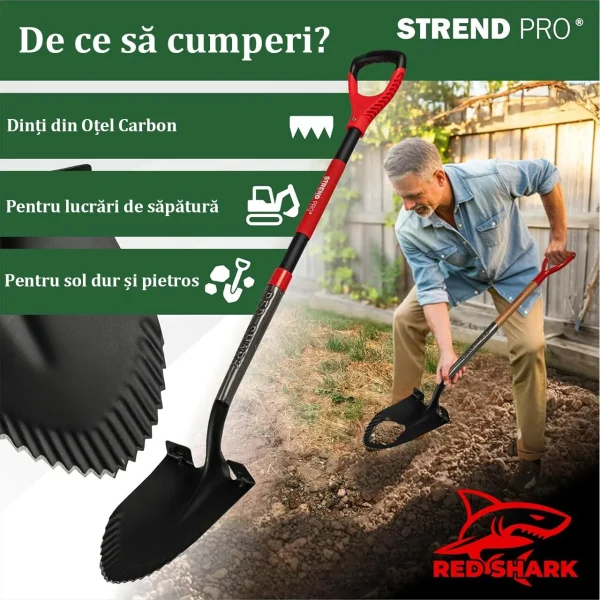 Harlet, cazma, ascutit, cu margini zimtate, coada fibra de sticla, 22x30x115 cm, Strend Pro Premium RedShark