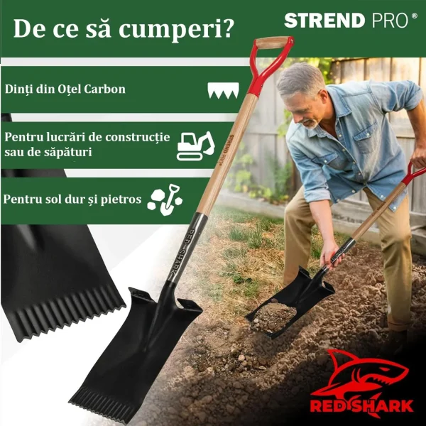 Harlet, cazma, drept, cu capat zimtat, coada lemn, 17x30x115 cm, Strend Pro Premium RedShark