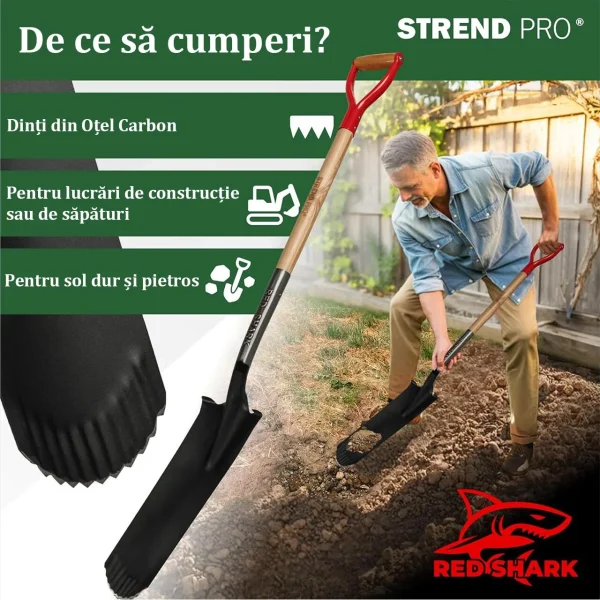 Harlet, cazma, ingust, cu varf zimtat, coada lemn, 12.5x40x128 cm, Strend Pro Premium RedShark