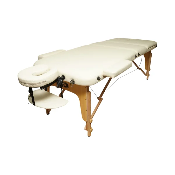 Masa de masaj pliabila, 3 zone, cadru lemn, spuma 5cm, inaltime 55-76cm, piele ecologica, dimensiuni 60x213cm, culoare Crem