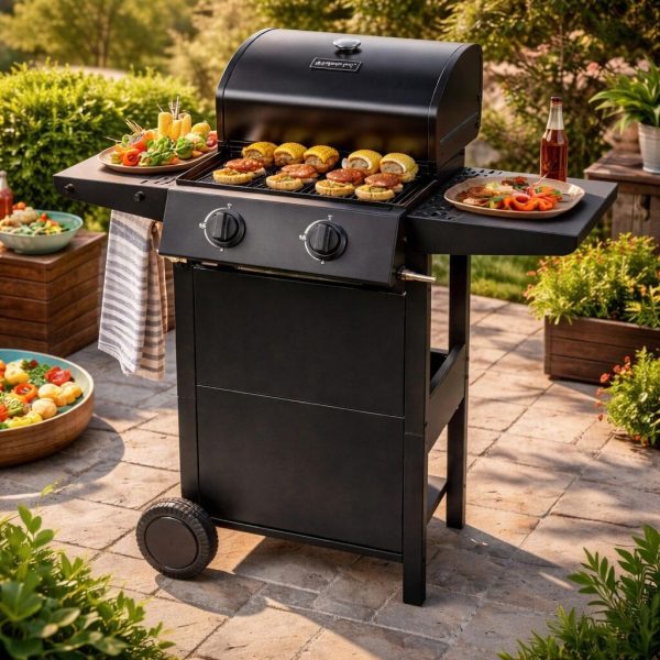 Gratar gradina, grill dreptunghiular, cu gaz, 2 arzatoare, cu roti, capac, rafturi, 96x50x100 cm, BBQ Andora