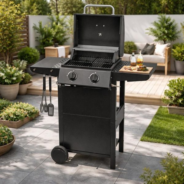 Gratar gradina, grill dreptunghiular, cu gaz, 2 arzatoare, cu roti, capac, rafturi, 96x50x100 cm, BBQ Andora