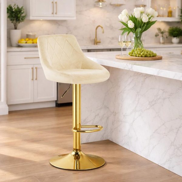 Scaun de bucatarie/bar, Artool, Kast, rotativ, catifea bej, picior metal auriu, 45.5x49x85-105 cm