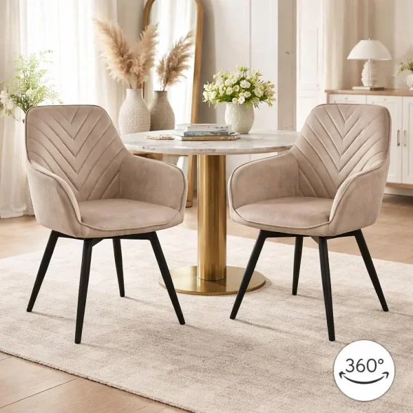 Scaun stil fotoliu bucatarie/living, Artool, Nana, rotativ, catifea bej inchis, picioare metal negru, 56x61x83.5 cm