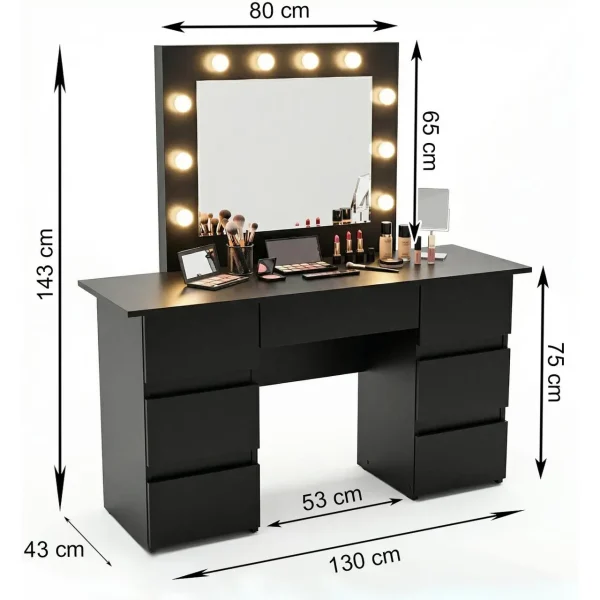 Masa de toaleta/machiaj, Vanessa, negru, cu oglinda si LED-uri, 130x43x143 cm
