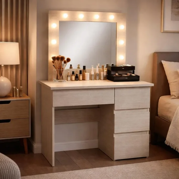 Masa de toaleta/machiaj, Irina, bej zebrano, cu oglinda si LED-uri, 94x43x141 cm