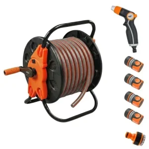 Furtun de gradina, 6 straturi, antirasucire, 1/2", 20 m, tambur, cuple, adaptor, pistol stropit, Richmann Exclusive