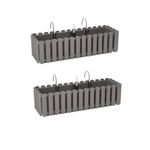 Set 2 Jardiniere decorative cu suport metalic, Boardee Fencycase W, gri, 58x18x16.2 cm