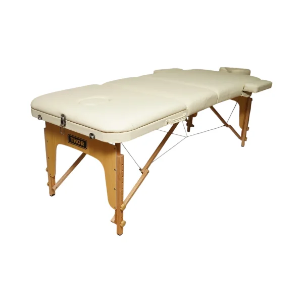 Masa de masaj pliabila, 3 zone, cadru lemn, spuma 5cm, inaltime 55-76cm, piele ecologica, dimensiuni 60x213cm, culoare Crem