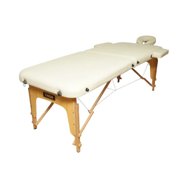 Masa de masaj pliabila, 2 zone, cadru lemn, spuma 5cm, inaltime 55-76cm, piele ecologica, dimensiuni 60x213cm, culoare Crem