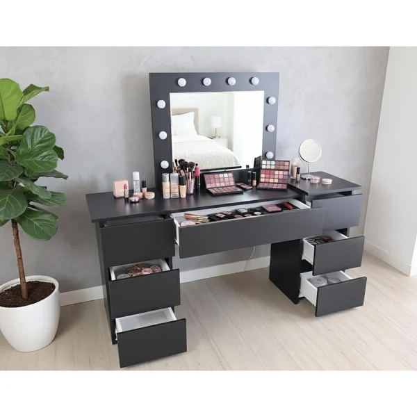 Masa de toaleta/machiaj, Antonia, negru, cu oglinda si LED-uri, 155x42x135 cm