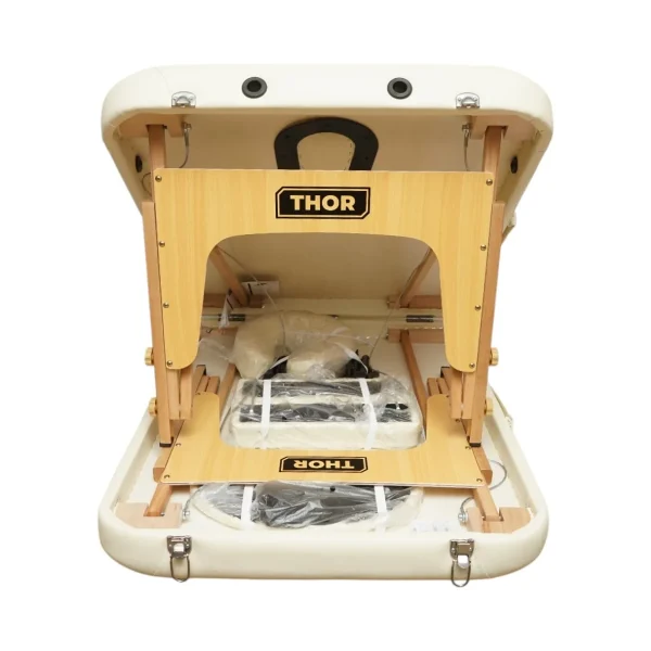 Masa de masaj pliabila, 2 zone, cadru lemn, spuma 5cm, inaltime 55-76cm, piele ecologica, dimensiuni 60x213cm, culoare Crem