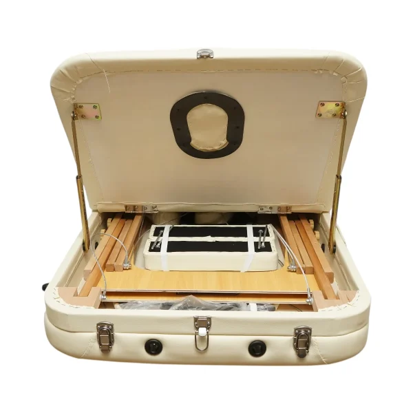 Masa de masaj pliabila, 3 zone, cadru lemn, spuma 5cm, inaltime 55-76cm, piele ecologica, dimensiuni 60x213cm, culoare Crem