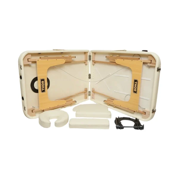 Masa de masaj pliabila, 2 zone, cadru lemn, spuma 5cm, inaltime 55-76cm, piele ecologica, dimensiuni 60x213cm, culoare Crem