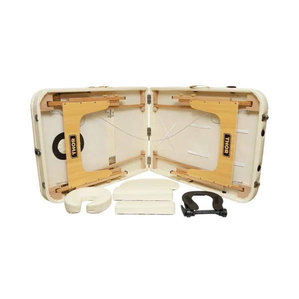 Masa de masaj pliabila, 3 zone, cadru lemn, spuma 5cm, inaltime 55-76cm, piele ecologica, dimensiuni 60x213cm, culoare Crem