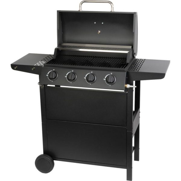 Gratar gradina, grill dreptunghiular, cu gaz, 4 arzatoare, cu roti, capac, rafturi, 116x50x100 cm, BBQ Malaga