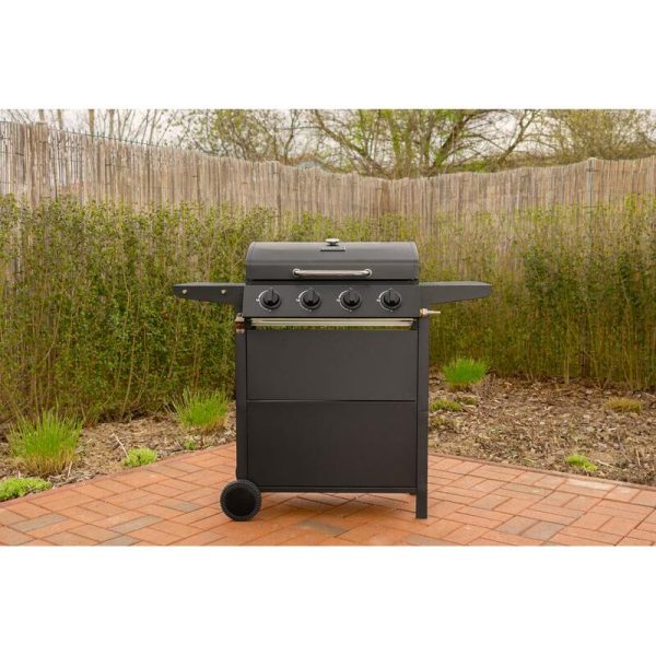 Gratar gradina, grill dreptunghiular, cu gaz, 4 arzatoare, cu roti, capac, rafturi, 116x50x100 cm, BBQ Malaga