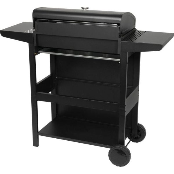 Gratar gradina, grill dreptunghiular, cu gaz, 4 arzatoare, cu roti, capac, rafturi, 116x50x100 cm, BBQ Malaga