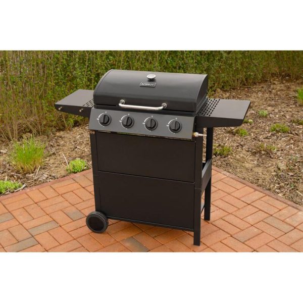 Gratar gradina, grill dreptunghiular, cu gaz, 4 arzatoare, cu roti, capac, rafturi, 116x50x100 cm, BBQ Malaga