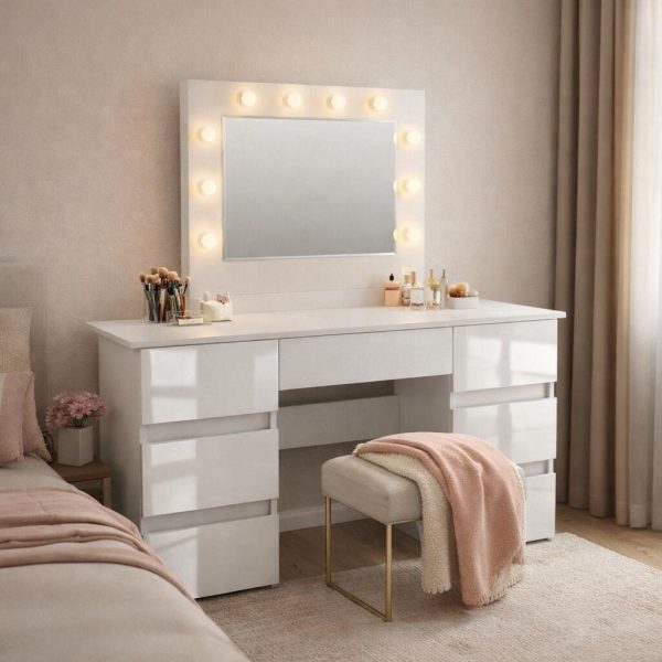 Masa de toaleta/machiaj, Vanessa, alba, sertare lucioase, cu oglinda si LED-uri, 130x43x143 cm