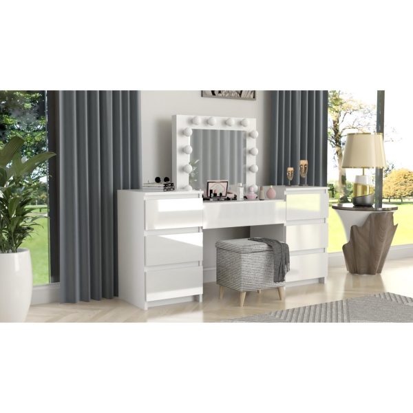 Masa de toaleta/machiaj, alba, sertare lucioase, cu oglinda si LED-uri, Antonia, 155x42x135 cm