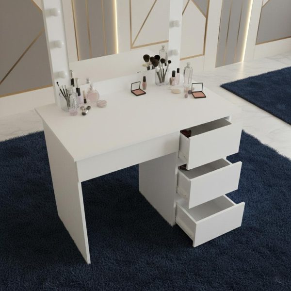Masa de toaleta/machiaj, Irina, alba, cu oglinda si LED-uri, 94x43x141 cm