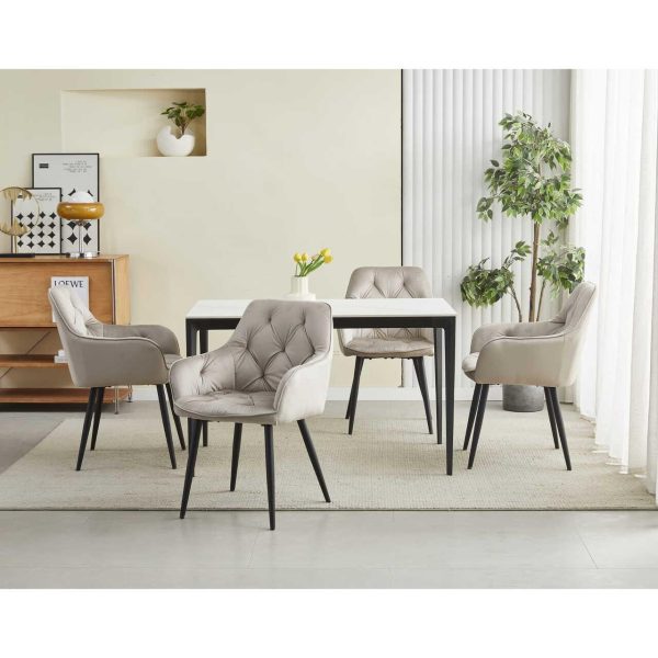 Scaun stil fotoliu bucatarie/living, Artool, York, catifea bej inchis, picioare metal negru, 56x62x83.5 cm