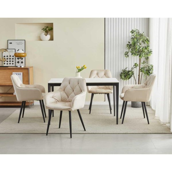 Scaun stil fotoliu bucatarie/living, Artool, York, catifea bej, picioare metal negru, 56x62x83.5 cm