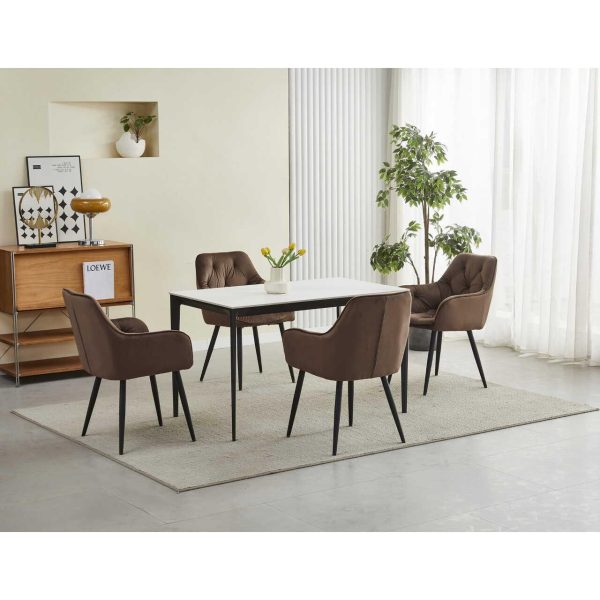 Scaun stil fotoliu bucatarie/living, Artool, York, catifea maro, picioare metal negru, 56x62x83.5 cm