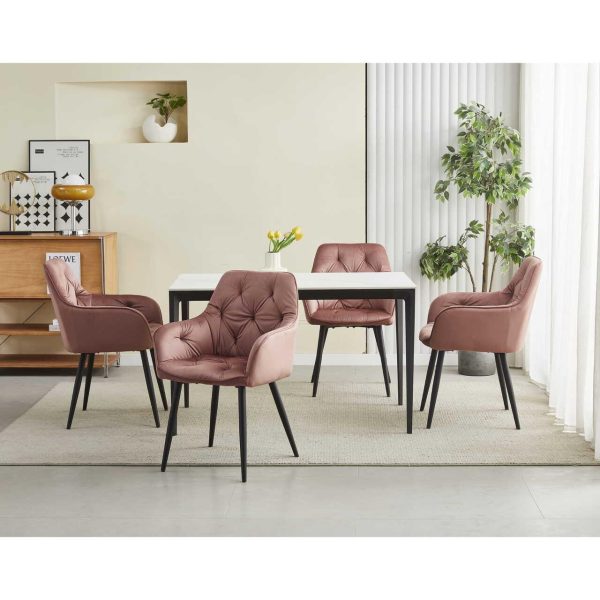 Scaun stil fotoliu bucatarie/living, Artool, York, catifea roz, picioare metal negru, 56x62x83.5 cm